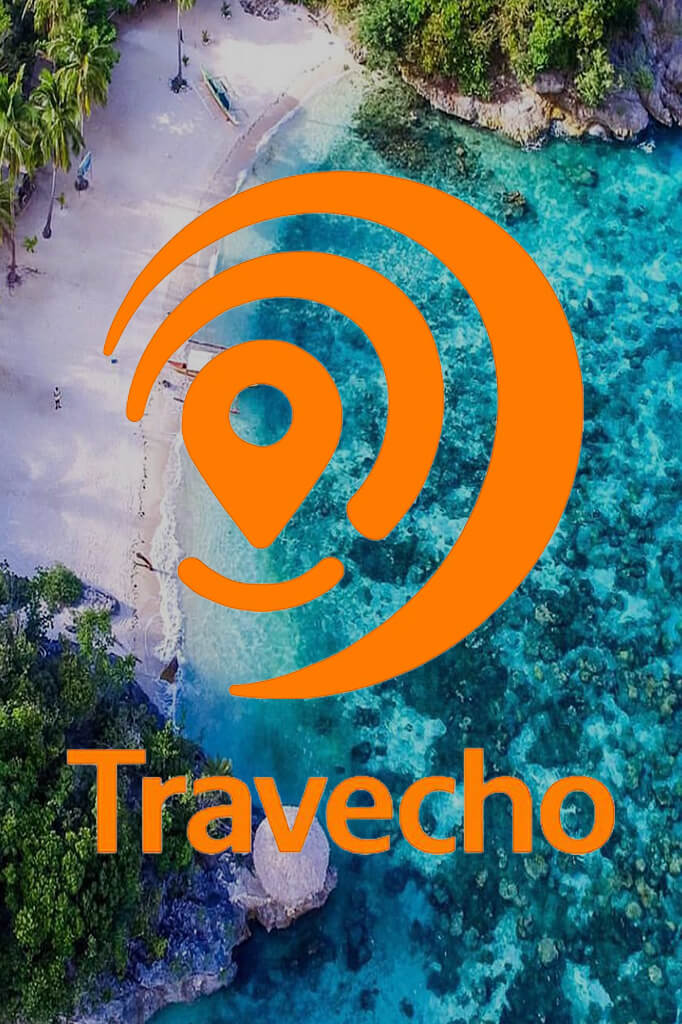 TRAVECHO - Philippines Travel Companion - Aerial view of pristine tropical beach with crystal clear turquoise waters, traditional boats, and TRAVECHO branding